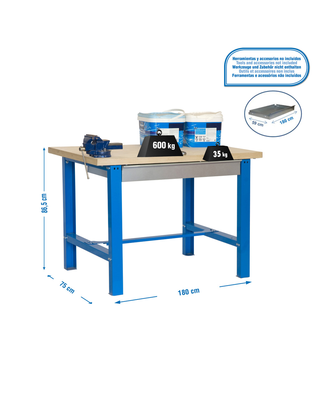 Etabli simonwork bt6 mdf 1box 1800x750 bleu/bois bleu/mdf 865x1800x750 - simonrack