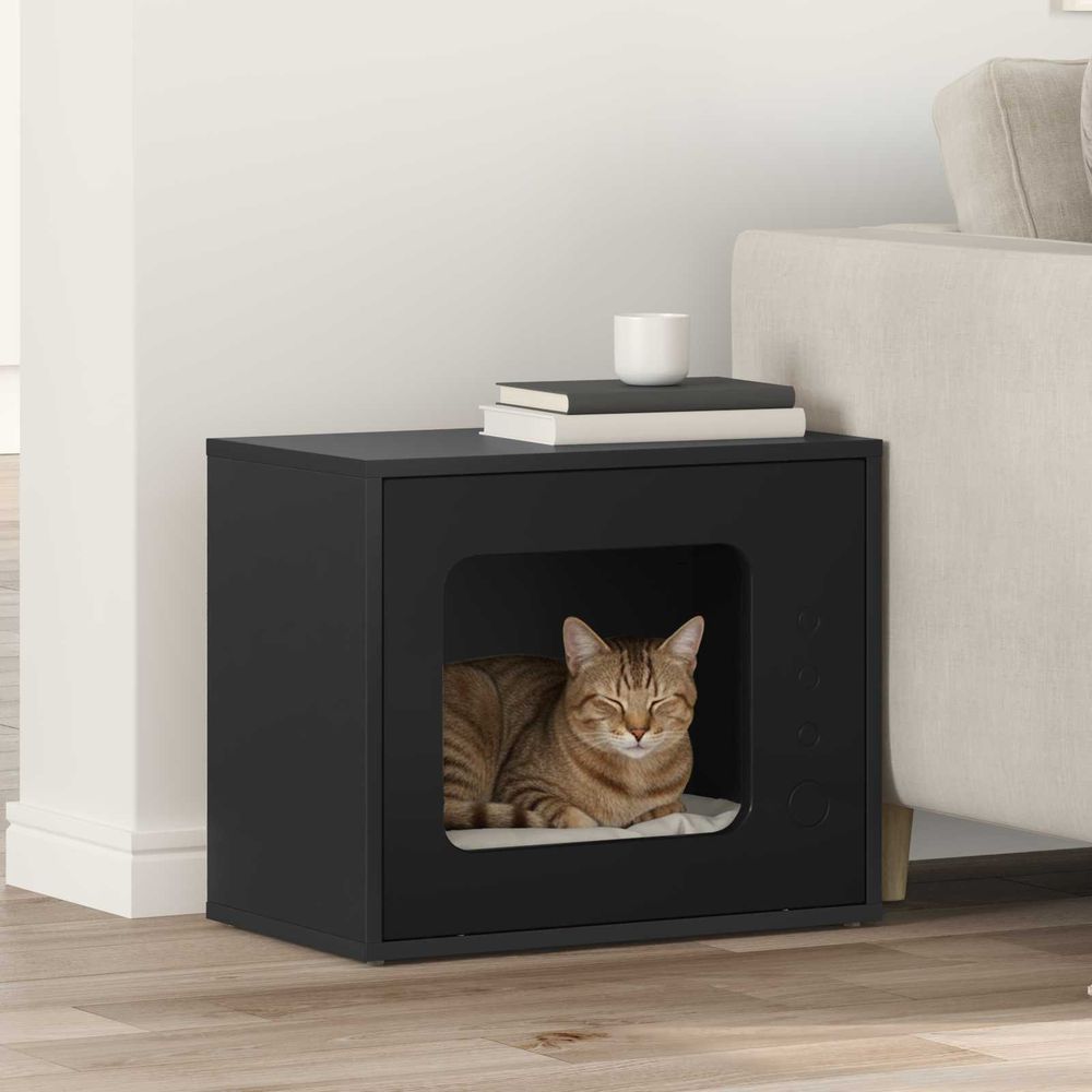 Maison chat élégante bois moderne repos noir 51cm pour chat robuste sûr