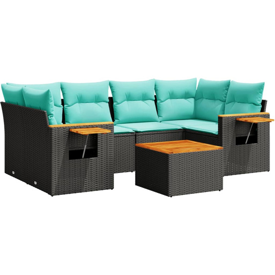 Salon de jardin 7 pcs avec coussins noir résine tressée