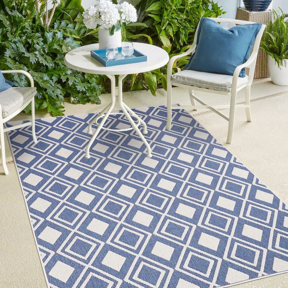 Tapis extérieur, kilim reversible 80x150 lyn2 y reversible bleu et crème