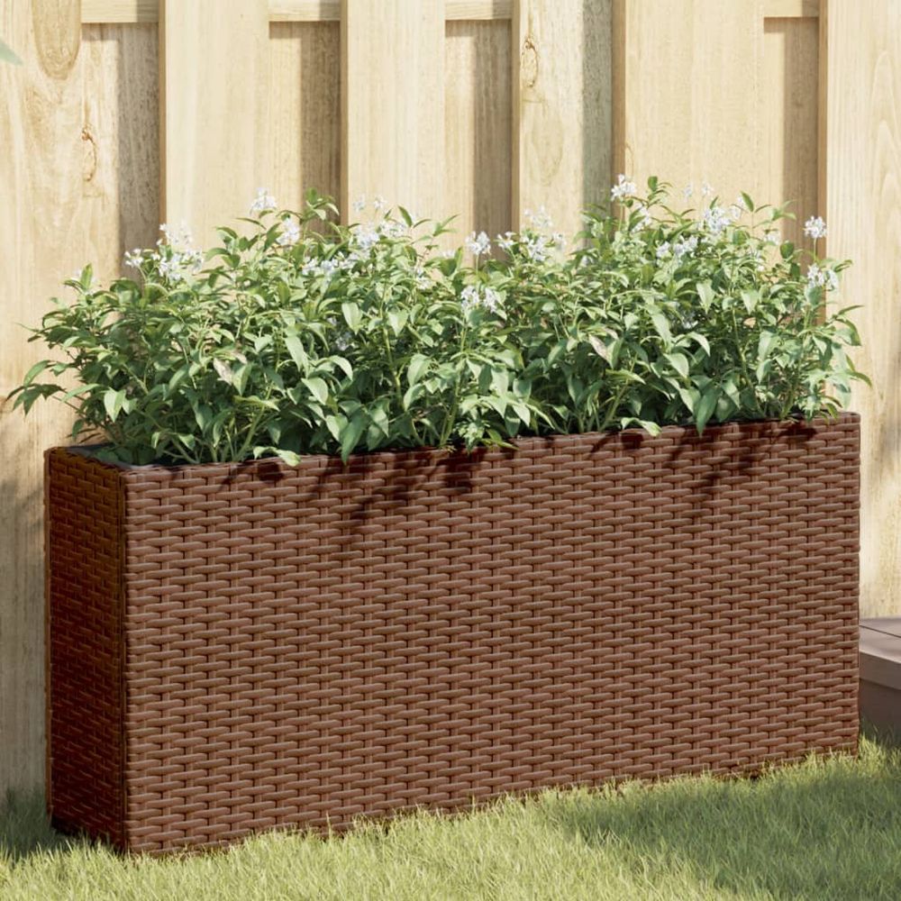 Jardinière rectangulaire résine tressée double bac pour plantes 90x20x40 cm marron