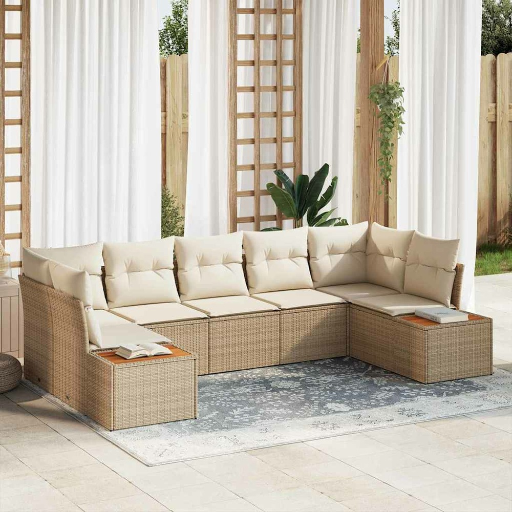 Ensemble de canapé de jardin avec coussin 7 pcs beige polyrotin