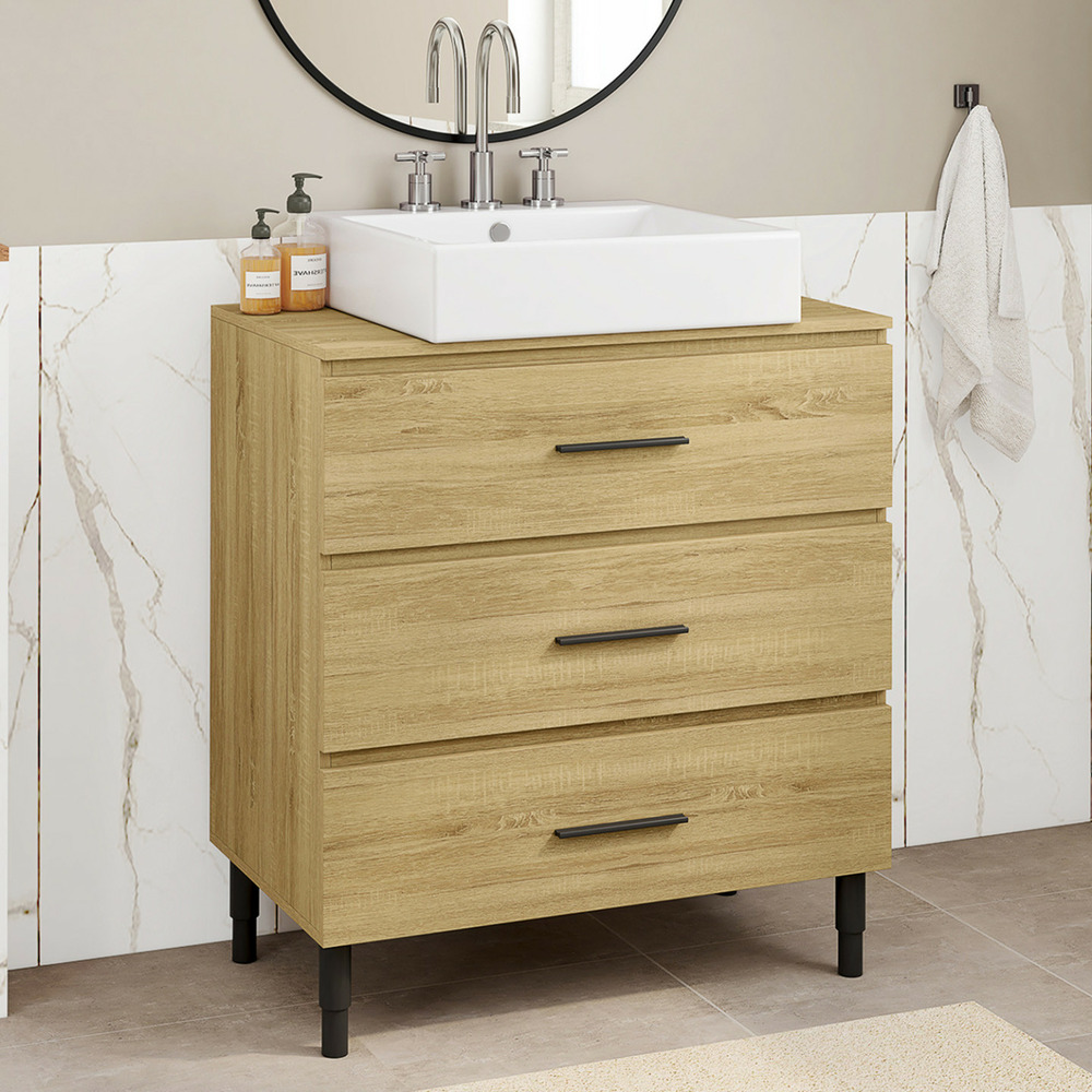 Meuble sous vasque 80 cm salle de bain 3 tiroirs façon hêtre et noir avec pieds télescopiques