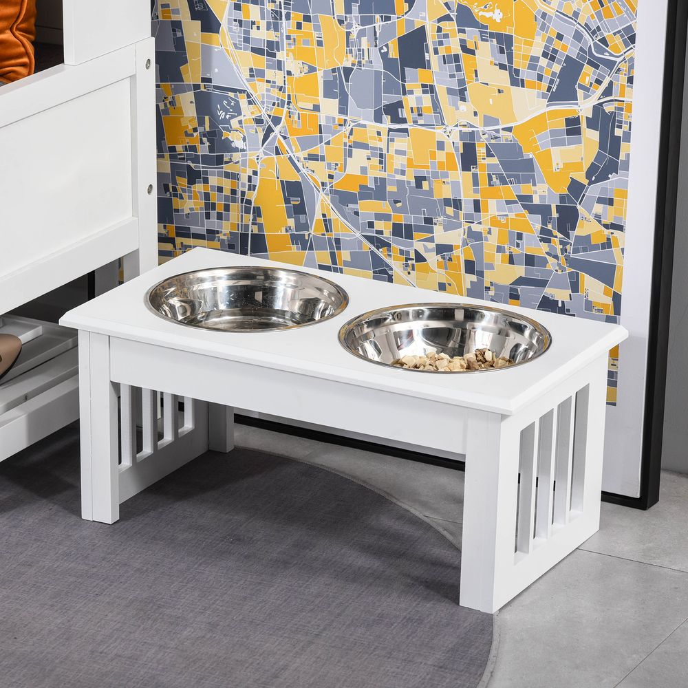 Gamelle chien surélevée inox et mdf 44 x 24 x 15 cm blanche 2 bols 0,9 l repas eau posture confortable