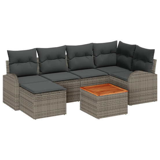 Ensemble de canapés jardin 7 pièces avec coussins gris rattan poly acacia