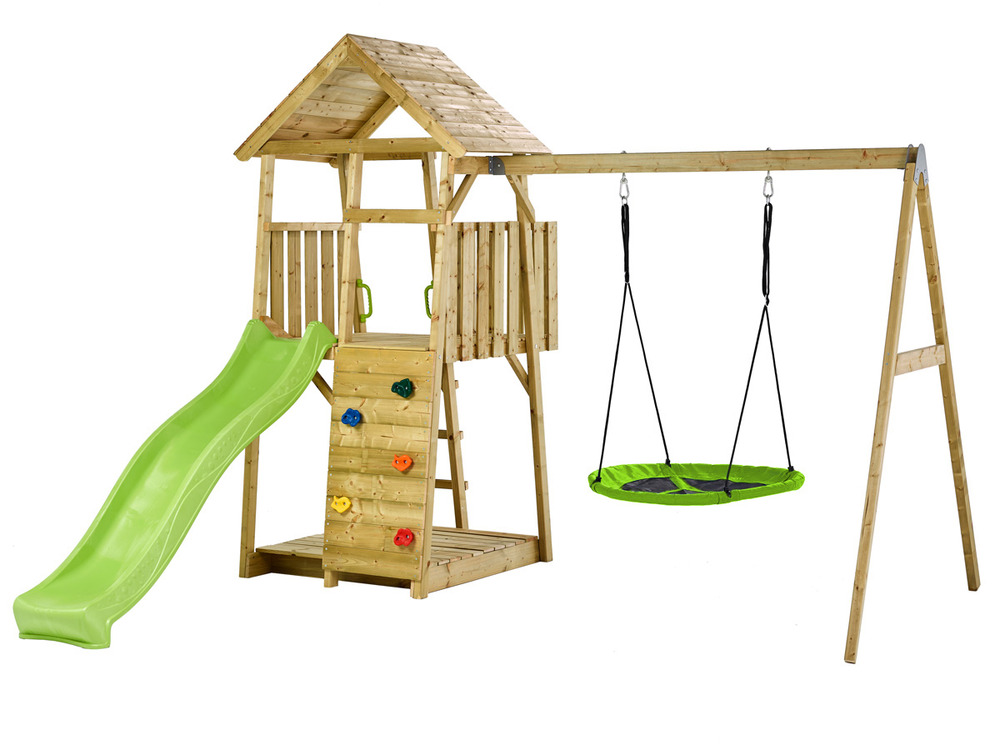 Aire de jeux bois, 2 balançoires, nid, toboggan, escalade, bac à sable woodi
