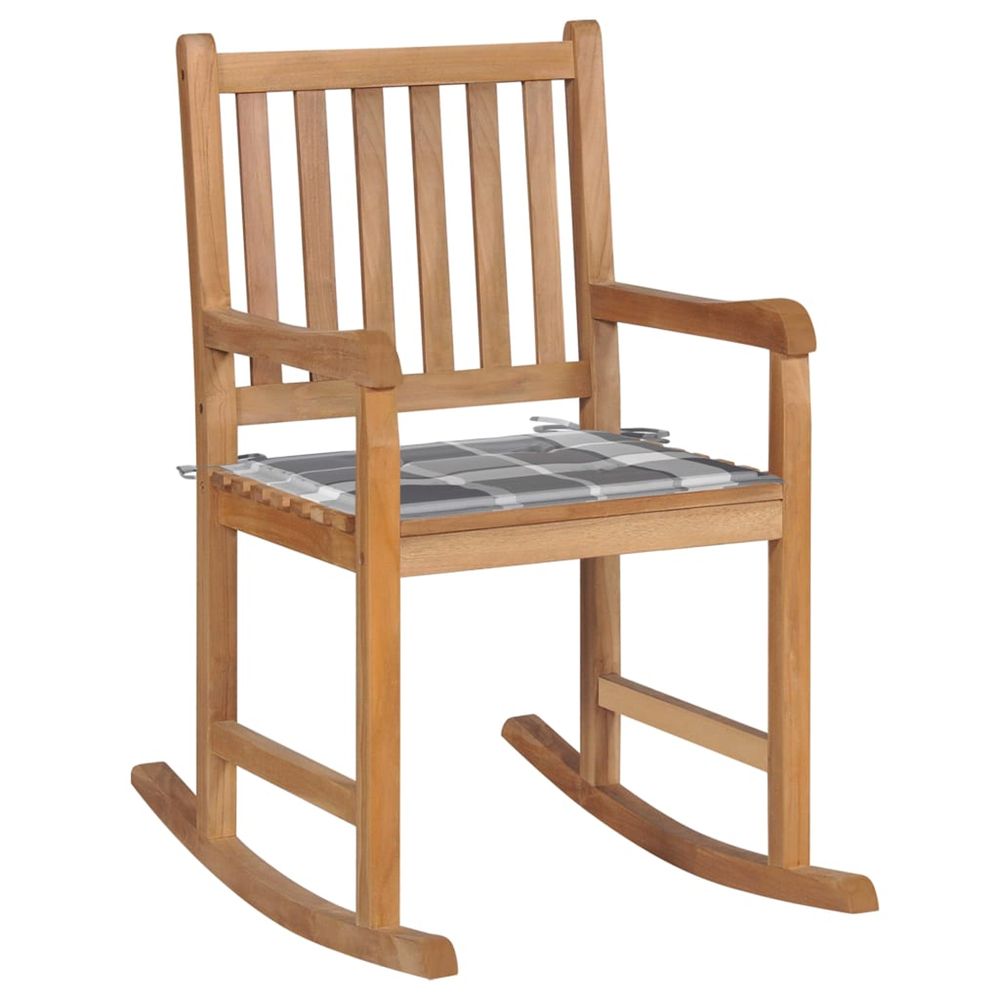 Chaise à bascule avec coussin à carreaux gris bois de teck