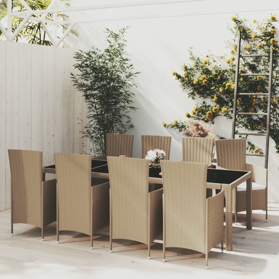 Ensemble à dîner de jardin 9 pcs coussins résine tressée beige