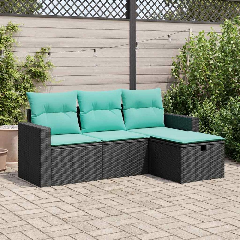Salon de jardin 4 pcs avec coussins noir résine tressée