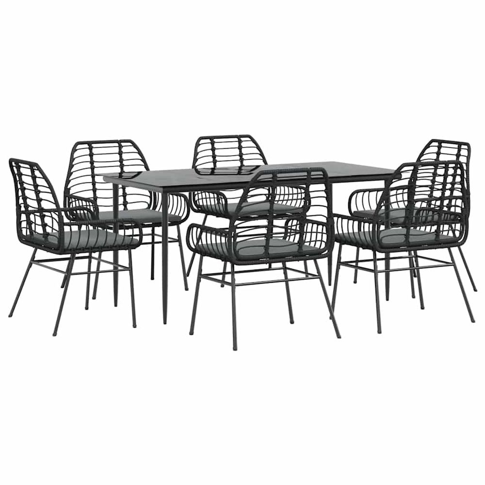Ensemble à manger de jardin coussins 7pcs noir poly rotin verre