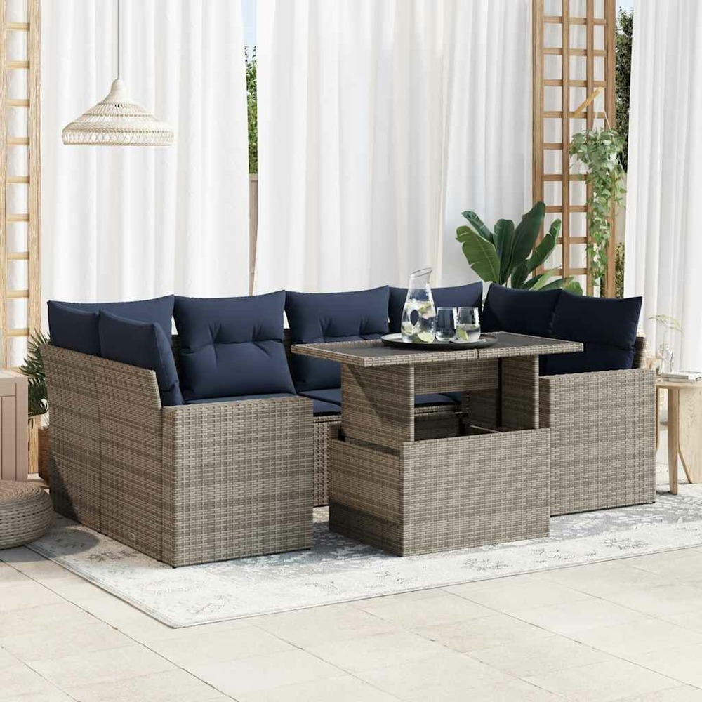 Salon de jardin avec coussins 7 pcs gris résine tressée acacia