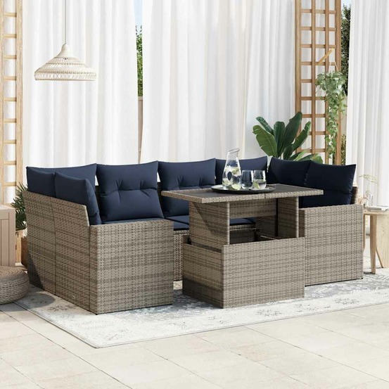 Salon de jardin avec coussins 7 pcs gris résine tressée acacia