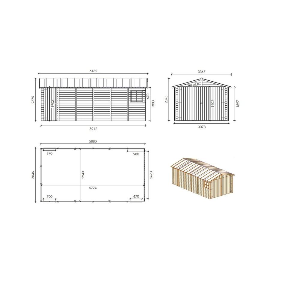 Garage en bois - 18,19m2 - 3,05x5,91m - ep. 18mm - couleur