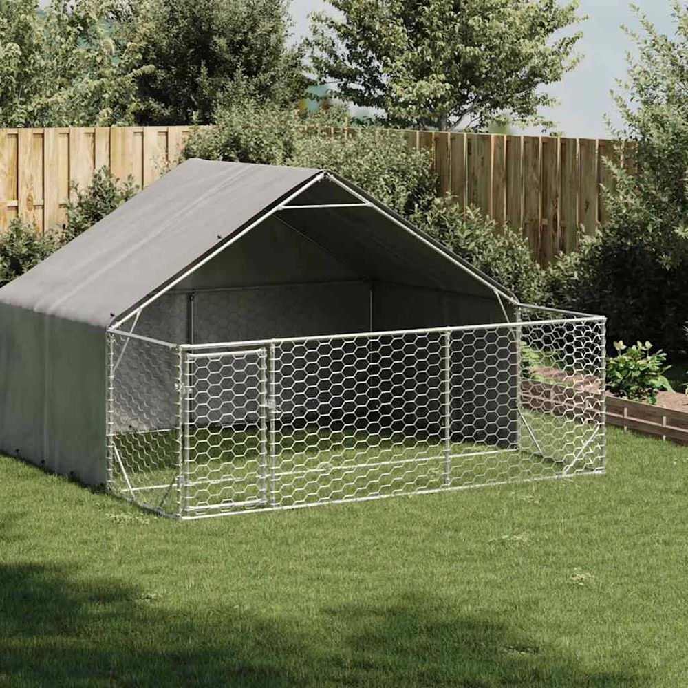 Chenil extérieur pour chien en acier galvanisé avec abri 3x3x1,9 m