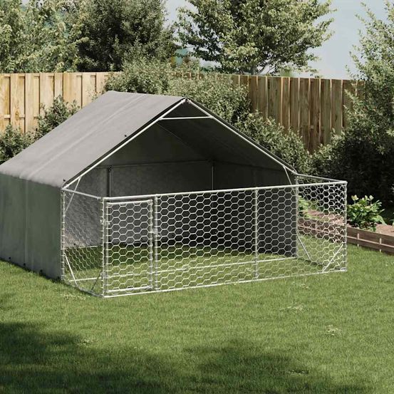 Chenil extérieur pour chien en acier galvanisé avec abri 3x3x1,9 m