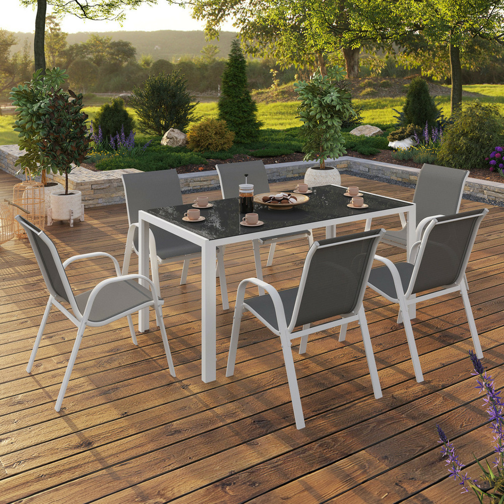 Salon de jardin madrid table 150 cm et 6 chaises empilables blanc et gris