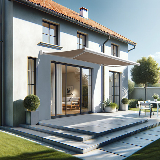 Store banne coffre intégral celeste 5,00x3,00 m (motorisé secours à télécommande - blanc satiné ral9010 - taupe)