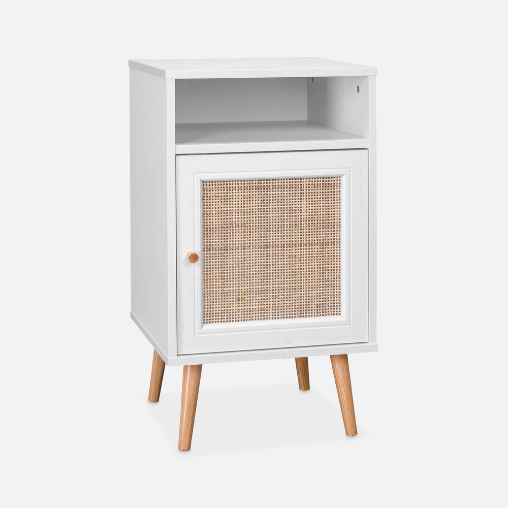 Table de chevet en cannage 40x39x70cm - 2 niveaux - 1 portes - 1 espace de rangement - pieds scandinaves