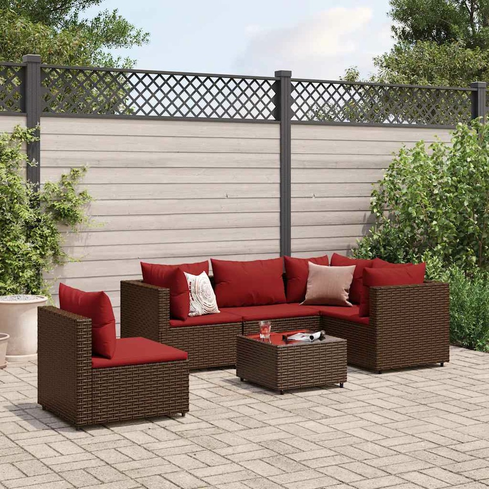 Salon de jardin 6 pcs avec coussins marron résine tressée