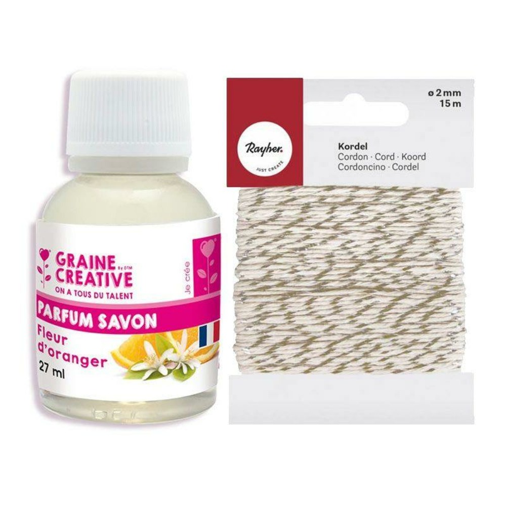 Parfum pour savon 27 ml fleur d'oranger + ficelle dorée & blanche 15 m