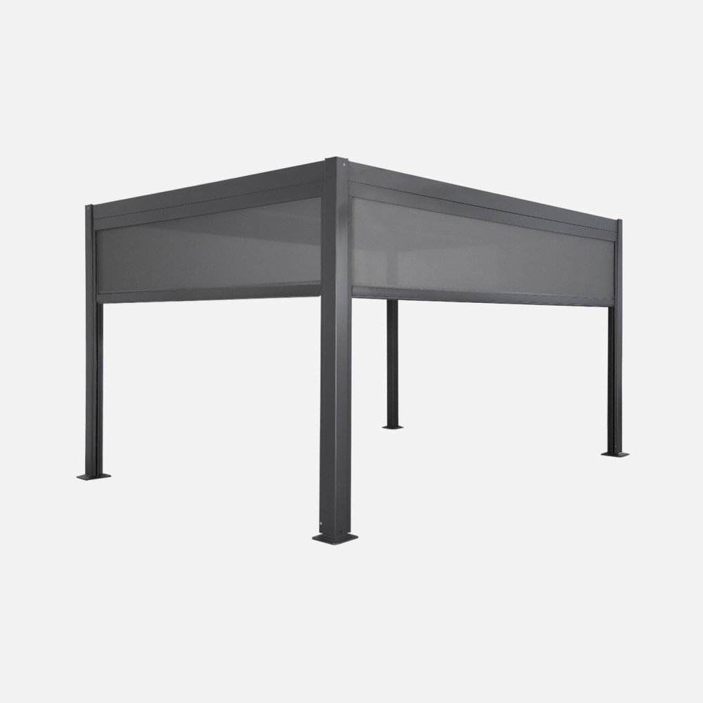 Pergola bioclimatique gris anthracite 4x3m, aluminium à lames orientables + store 3m + store 4m