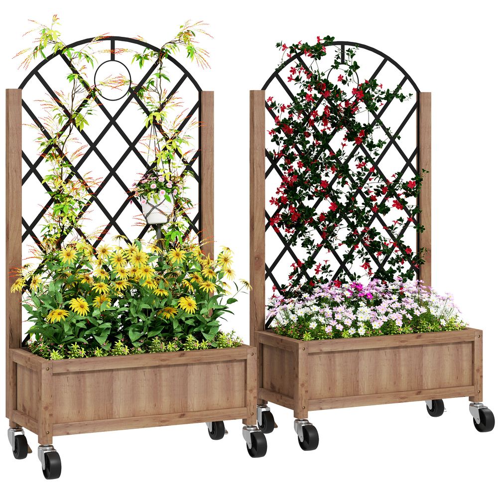 Lot 2 jardinières roulettes bois sapin extérieur avec treillis métal 52x25x97cm marron