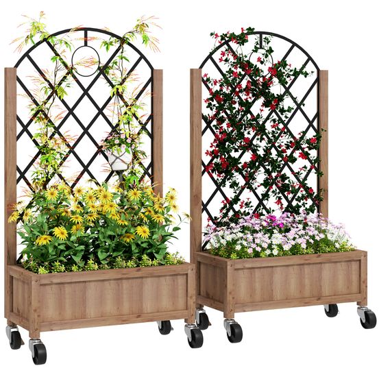 Lot 2 jardinières roulettes bois sapin extérieur avec treillis métal 52x25x97cm marron