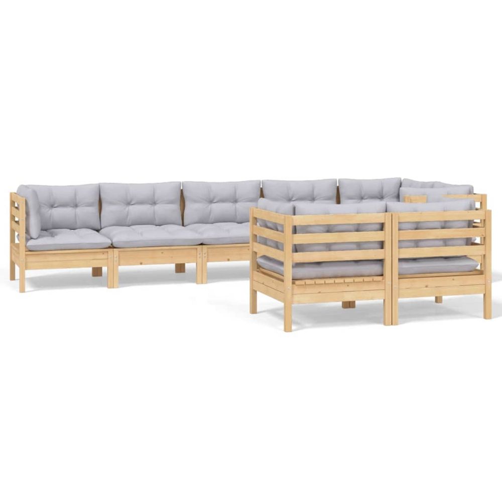 Salon de jardin 8 pcs avec coussins gris bois de pin massif