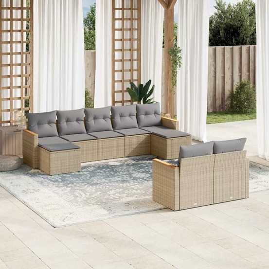 Salon de jardin avec coussins 9 pcs beige résine tressée
