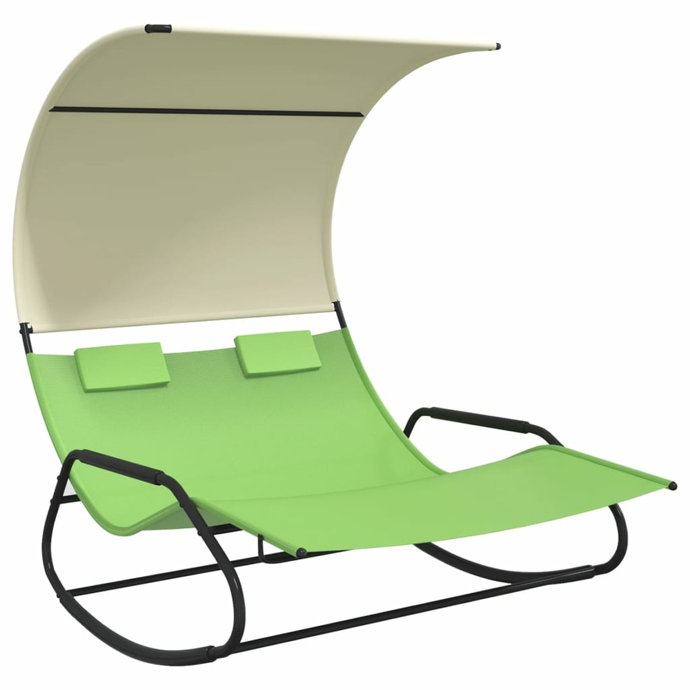 Chaise longue double à bascule avec auvent vert et crème