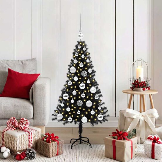 Kit sapin de noël noir 1.20m forme cône, pré-décoré avec 150 led blanc chaud et 61 boules, usage intérieur/extérieur