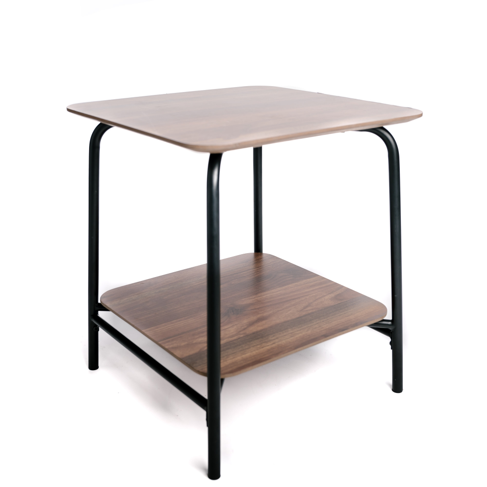 Table d'appoint bois, table de chevet bois foncé et métal 2 plateaux rangement vintage 45x45x51cm- meuble de salon- bout de canapé