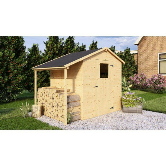 Abri de jardin avec appentis - pin brut - 2,96 m² (abri) + 0,88 m² (appentis) - panneaux de 14 mm - arb29849