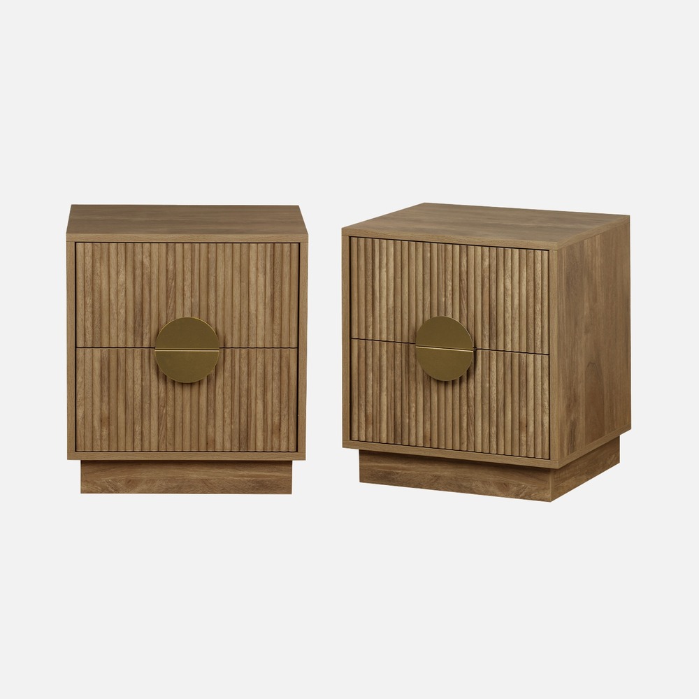 Table de chevet 2 tiroirs décor bois de manguier rainuré, poignées en métal doré, l42 x p38 x h50cm (lot de 2)