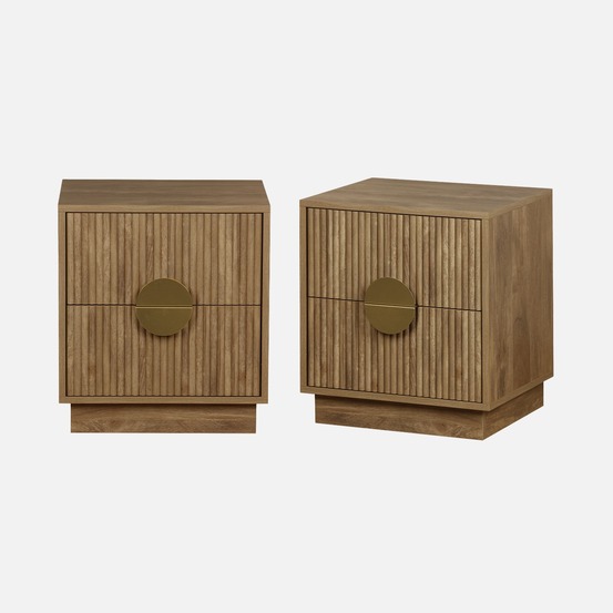 Table de chevet 2 tiroirs décor bois de manguier rainuré, poignées en métal doré, l42 x p38 x h50cm (lot de 2)