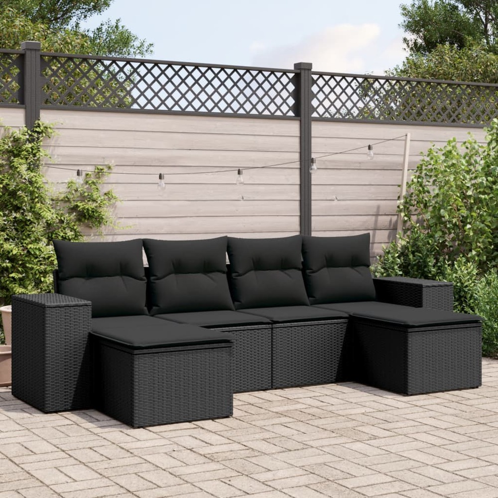 Salon de jardin 6 pcs avec coussins noir résine tressée