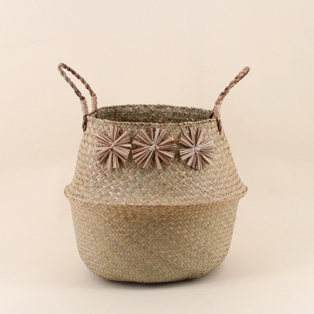 Panier en fibres naturelles avec pompons 38x33cm