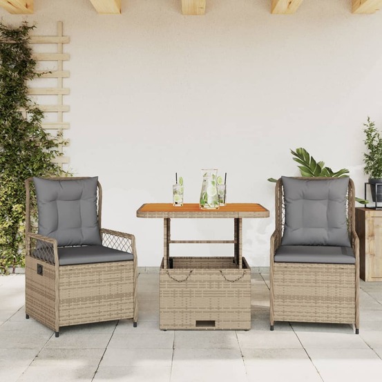 Ensemble à manger de jardin et coussins 3 pcs beige poly rotin