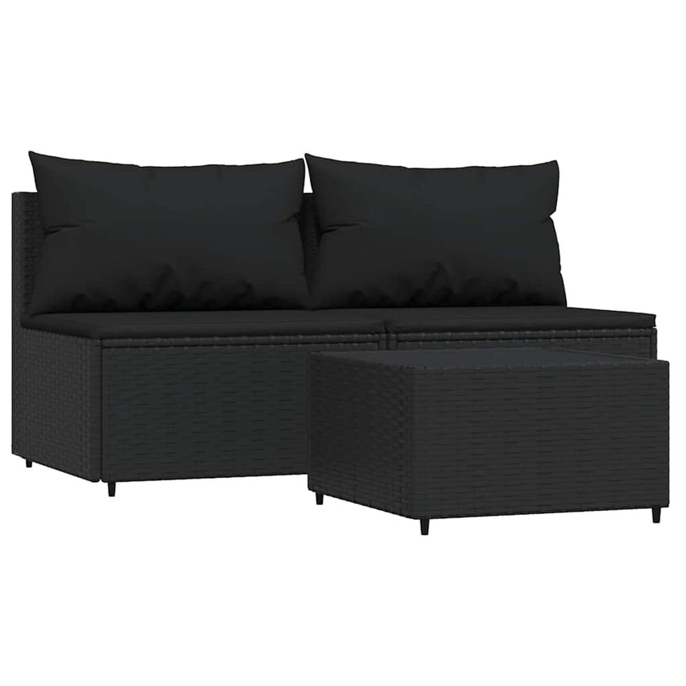 Salon de jardin 3 pcs avec coussins noir résine tressée