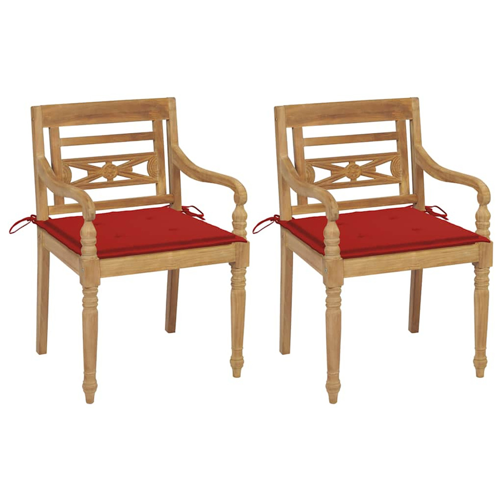 Chaises batavia lot de 2 et coussins rouges bois de teck massif