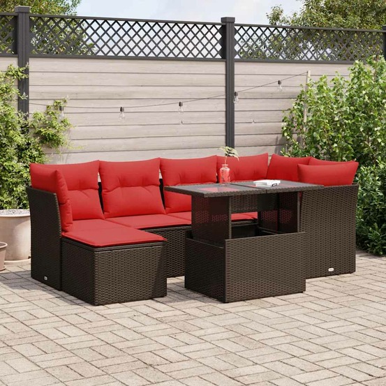 Salon de jardin avec coussins 7pcs marron résine tressée acacia