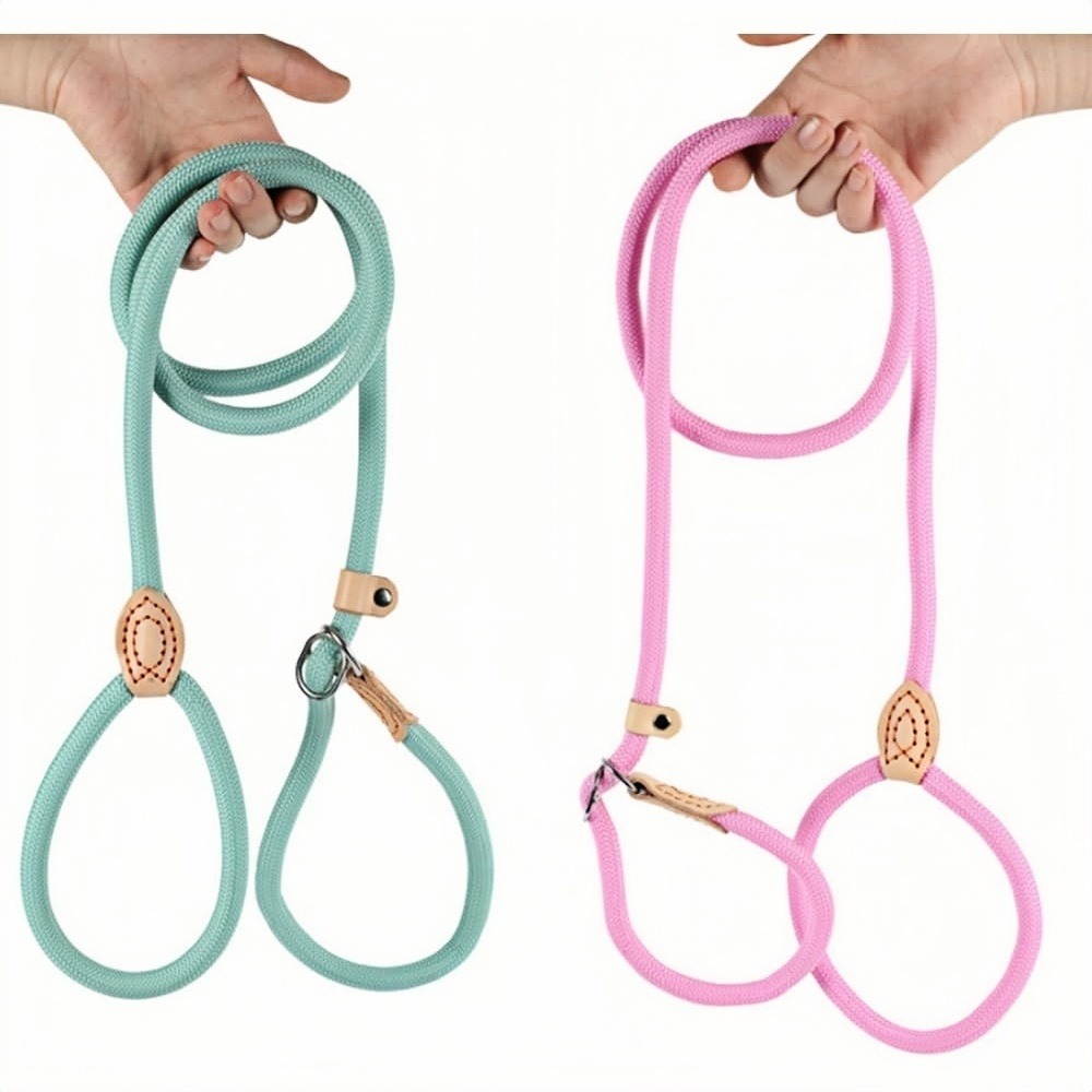 Laisse de dressage - nylon durable, réfléchissante, anti - étouffement, réglable, bleu/rose