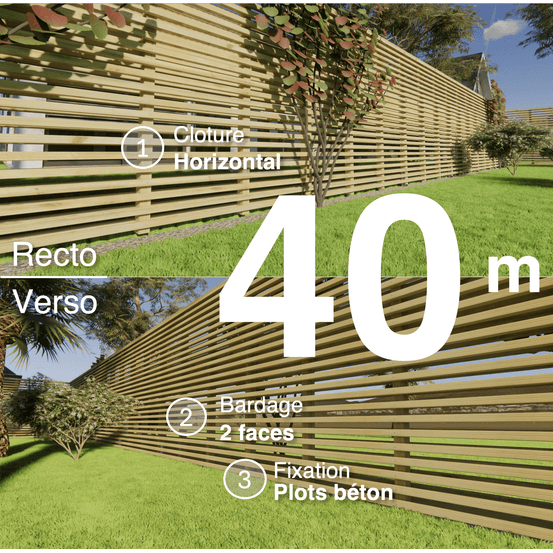 Kit clôture bois moderne 40m – h 2,3m – 45 x 45 mm autoclave – pose horizontal – double face – à sceller