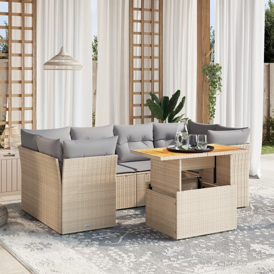 Salon de jardin avec coussins 7 pcs beige résine tressée