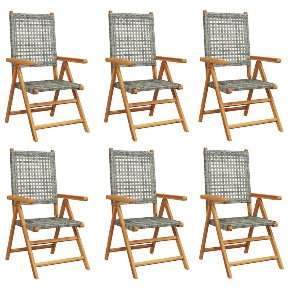 Fauteuils pliants inclinables, 6 pièces, en polyrotin gris et bois massif