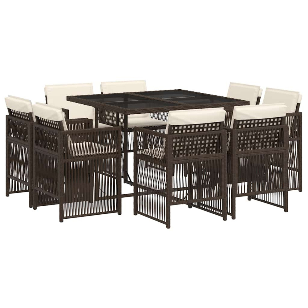Ensemble à manger de jardin et coussins 9 pcs marron poly rotin