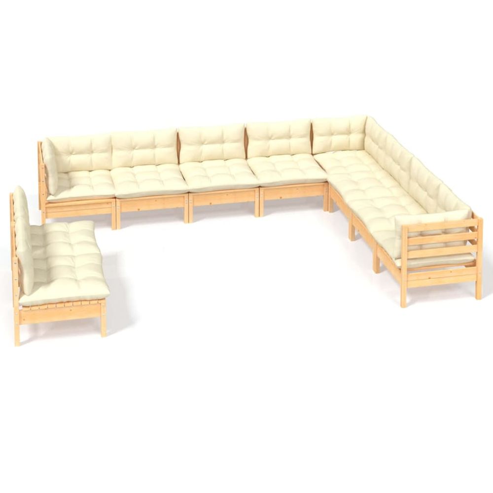 Salon de jardin 10 pcs avec coussins crème bois de pin massif