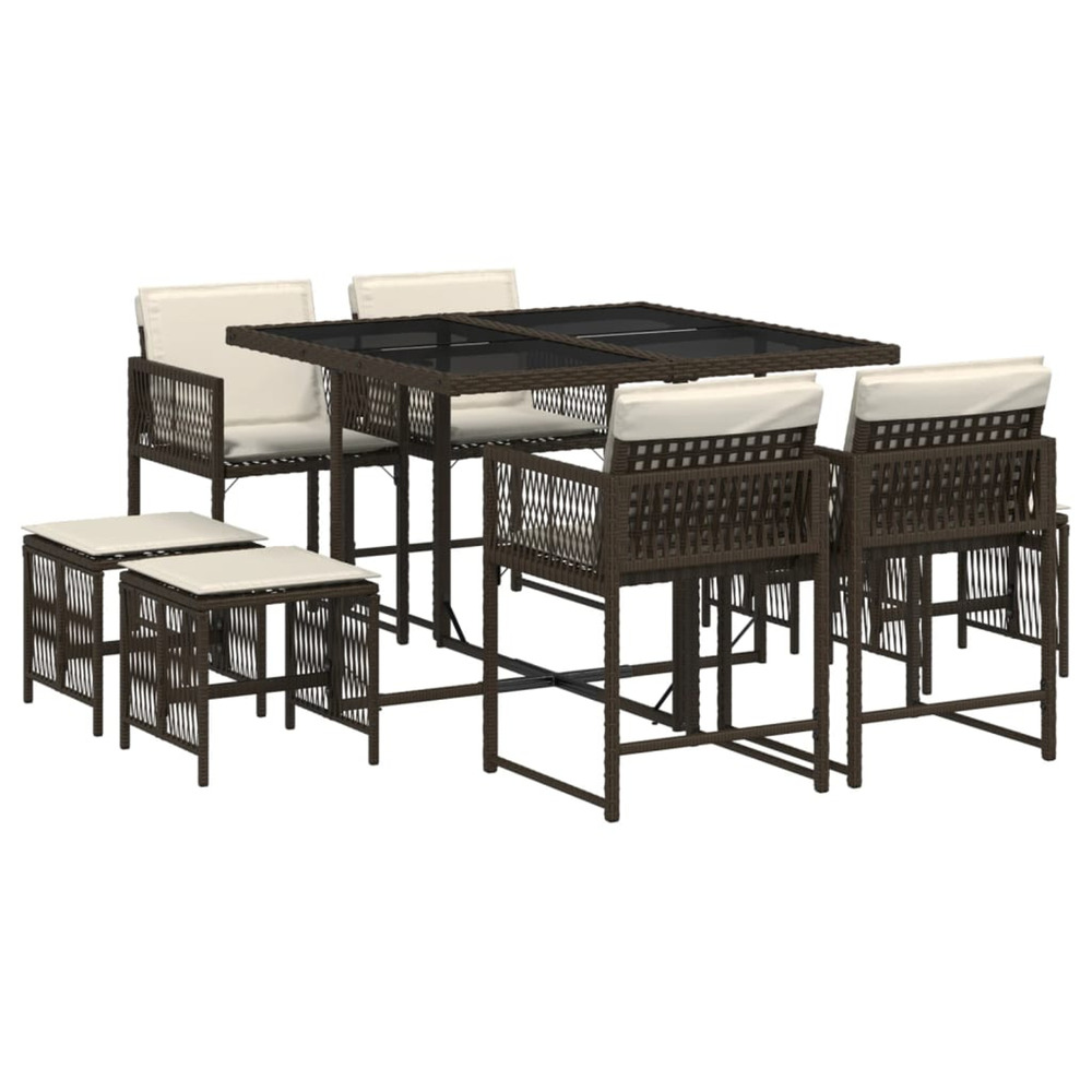 Ensemble à manger de jardin et coussins 9 pcs marron poly rotin