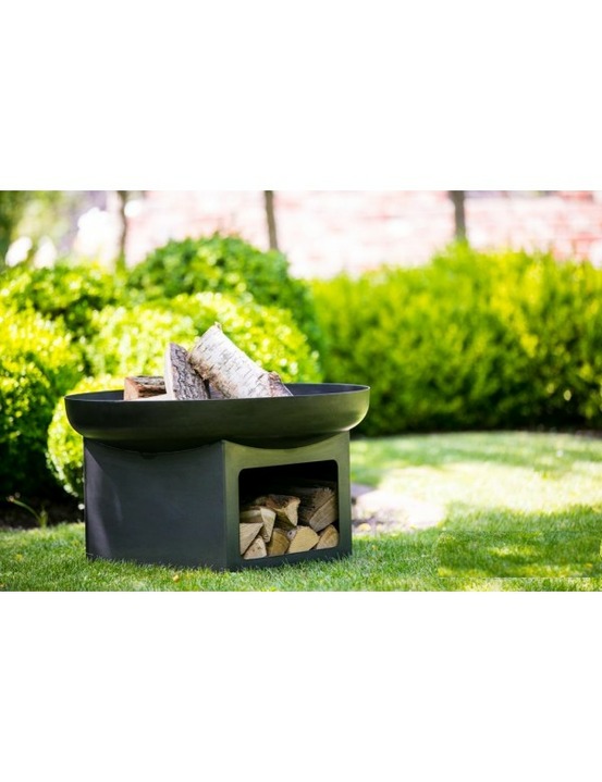 Brasero de jardin fatapera avec range bois en acier-sans couvercle-ø 80cm-acier noir sablé---acier noir sablé
