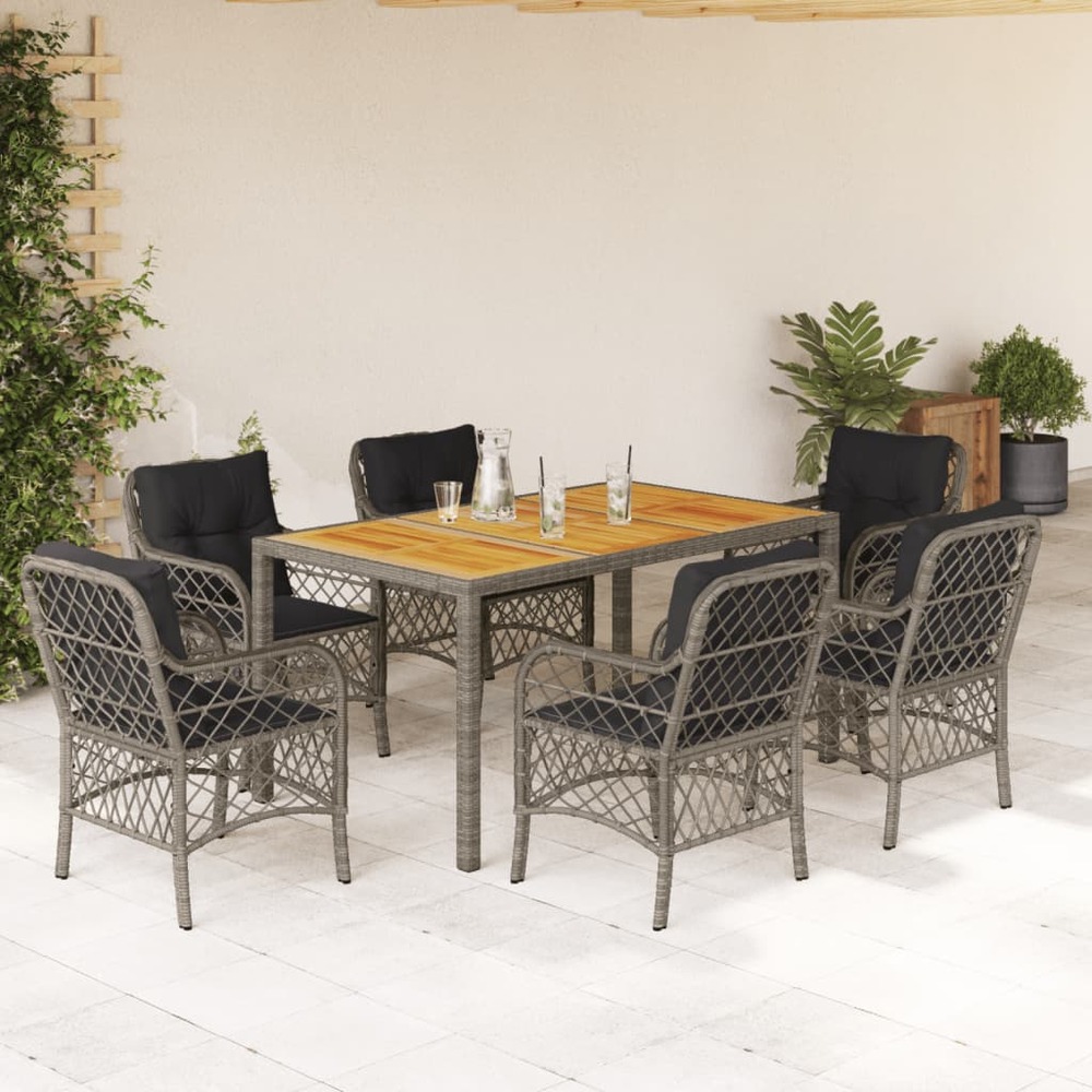 Ensemble à manger de jardin et coussins 7 pcs gris rotin